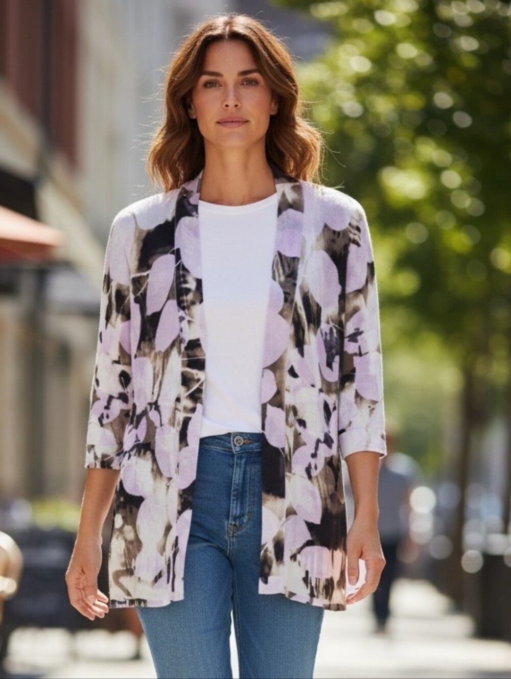 FDJ Collection Cotton Watercolor Floral Open Cardigan - Lavender, Black, Cream